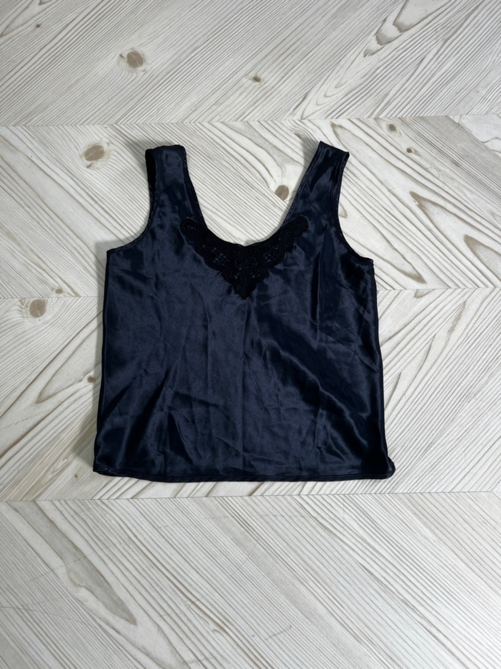 Vintage Black Satin Tank Top with Lace Trim